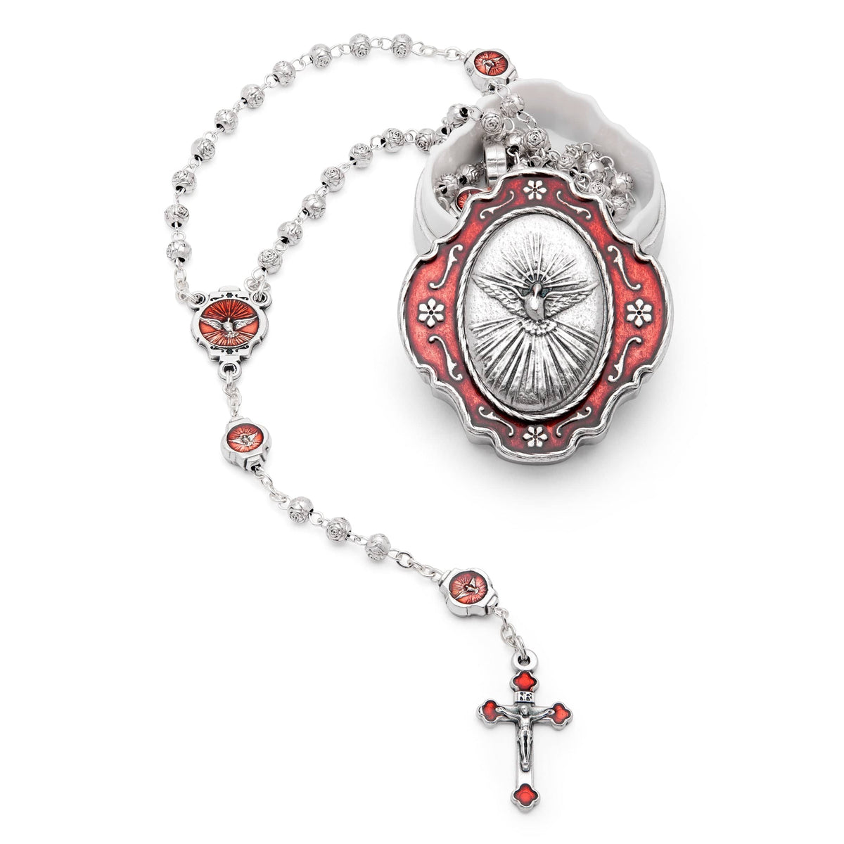 Red Enameled Holy Spirit Rosary Case With Rose-shaped Beads Rosary