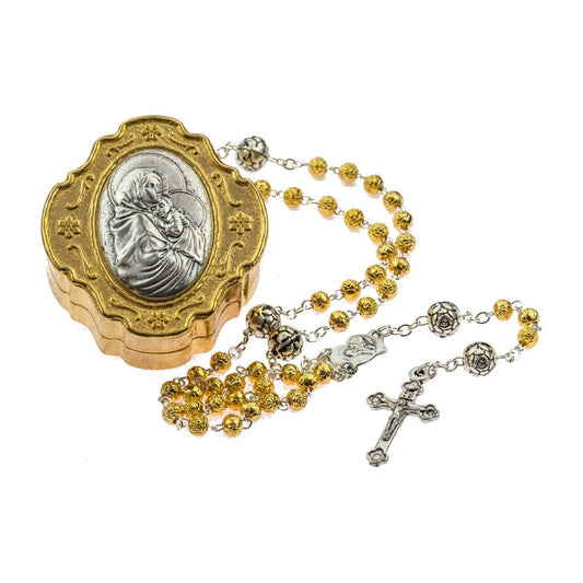 Golden Rosary Case With Madonnina of Ferruzzi and Rose-shaped Beads Rosary