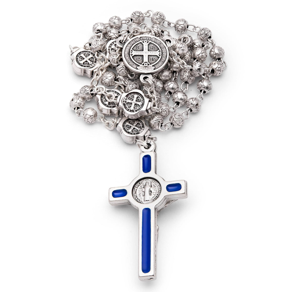 Blue Enameled St. Benedict Rosary Case With Rose-shaped Beads Rosary