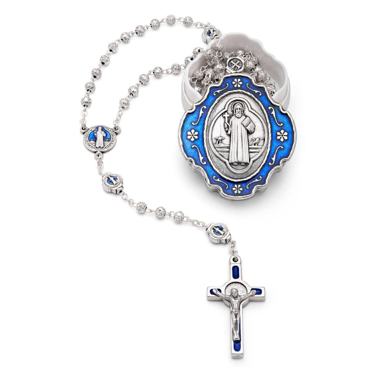 Blue Enameled St. Benedict Rosary Case With Rose-shaped Beads Rosary