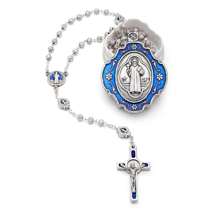 Blue Enameled St. Benedict Rosary Case With Rose-shaped Beads Rosary