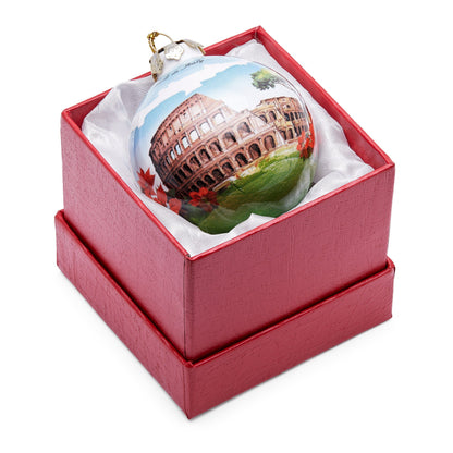 Ceramic Christmas Ball Representing St. Peter's Basilica and Colosseum With Red Flowers