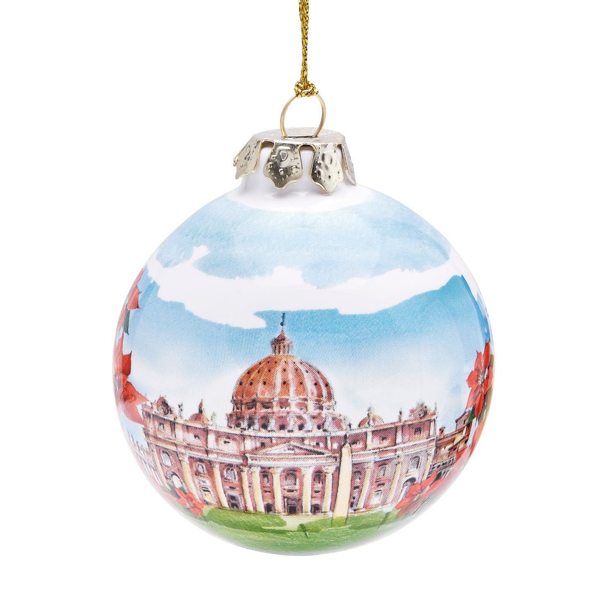 Ceramic Christmas Ball Representing St. Peter's Basilica and Colosseum With Red Flowers