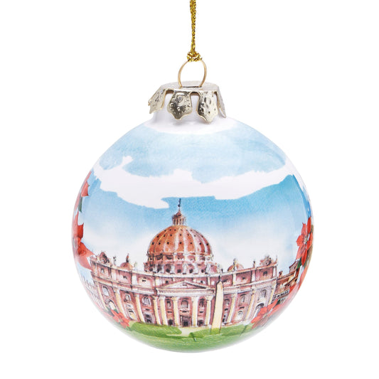 Ceramic Christmas Ball Representing St. Peter's Basilica and Colosseum With Red Flowers
