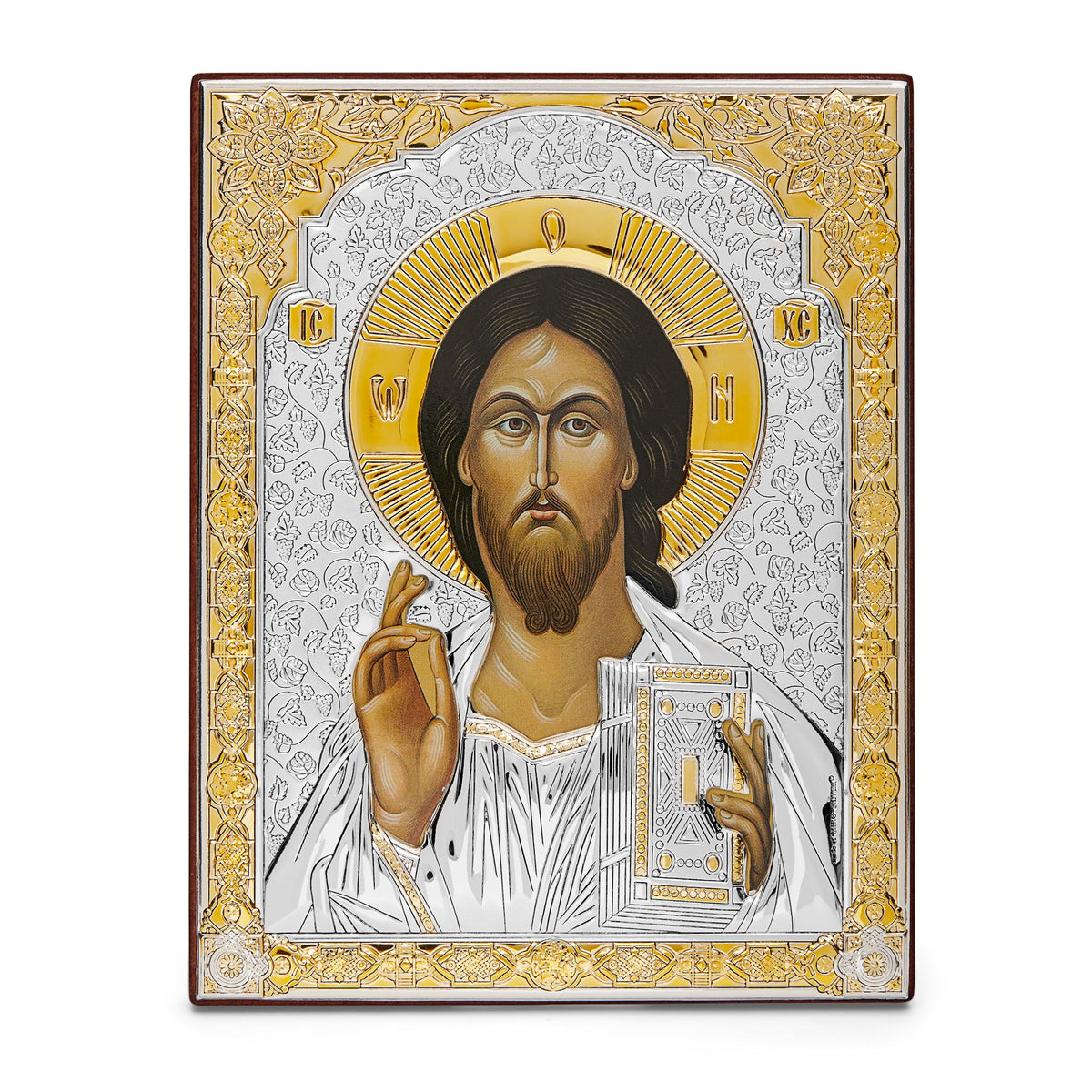 Colored Wooden Icon of Jesus With Bilaminate Sterling Silver Plaque and Golden Details