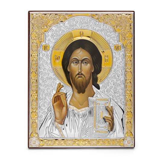 Colored Wooden Icon of Jesus With Bilaminate Sterling Silver Plaque and Golden Details