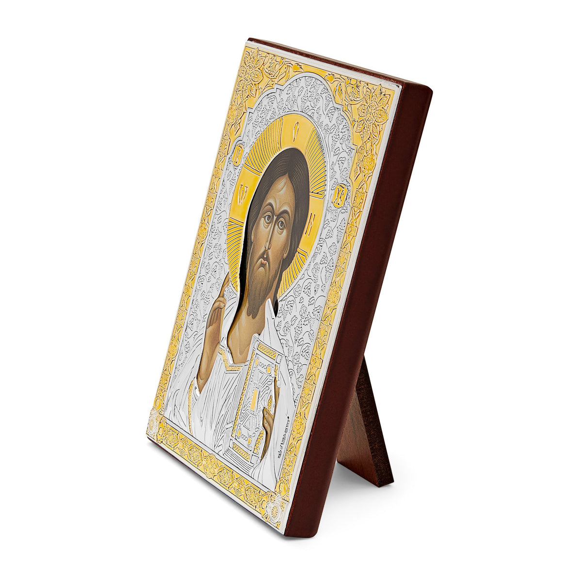 Colored Wooden Icon of Jesus With Bilaminate Sterling Silver Plaque and Golden Details