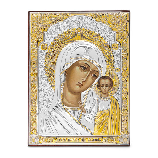 Colored Wooden Icon of Our Lady of Kazan With Bilaminate Sterling Silver Plaque and Golden Details