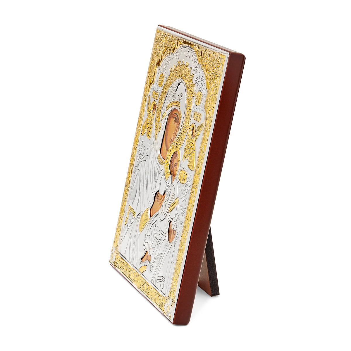 Colored Wooden Icon of Our Lady of Perpetual Help With Bilaminate Sterling Silver Plaque and Golden Details