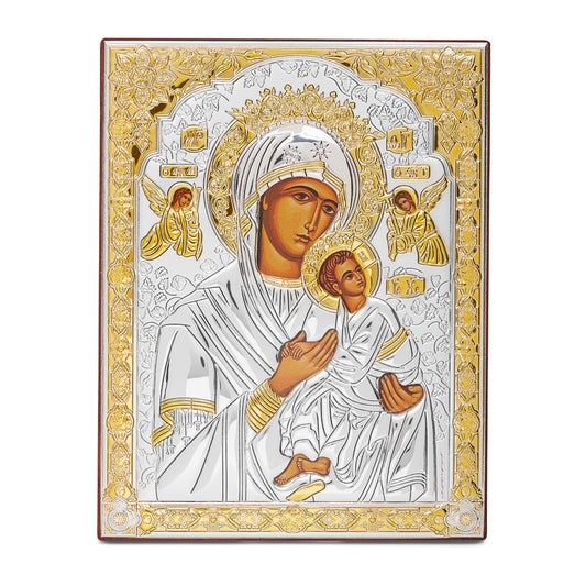 Colored Wooden Icon of Our Lady of Perpetual Help With Bilaminate Sterling Silver Plaque and Golden Details