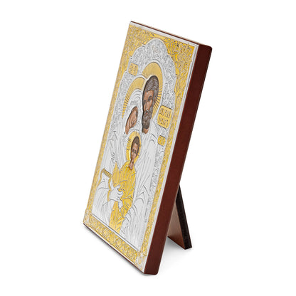 Colored Wooden Icon of the Holy Family With Bilaminate Sterling Silver Plaque and Golden Details
