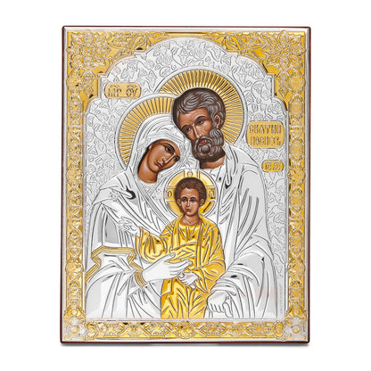 Colored Wooden Icon of the Holy Family With Bilaminate Sterling Silver Plaque and Golden Details