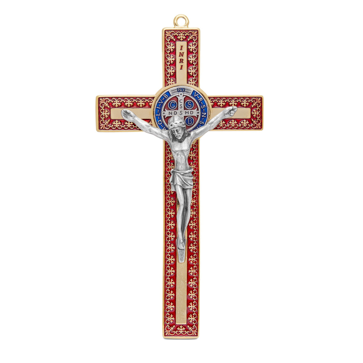 Red Enameled Gold Metal St. Benedict Crucifix With Decorations