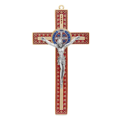 Red Enameled Gold Metal St. Benedict Crucifix With Decorations