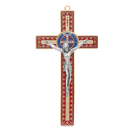 Red Enameled Gold Metal St. Benedict Crucifix With Decorations