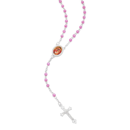Cross-shaped Holy Family Rosary Case with Fuchsia Synthetic Pearl Rosary