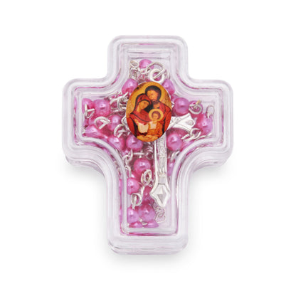 Cross-shaped Holy Family Rosary Case with Fuchsia Synthetic Pearl Rosary