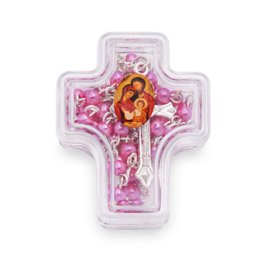 Cross-shaped Holy Family Rosary Case with Fuchsia Synthetic Pearl Rosary