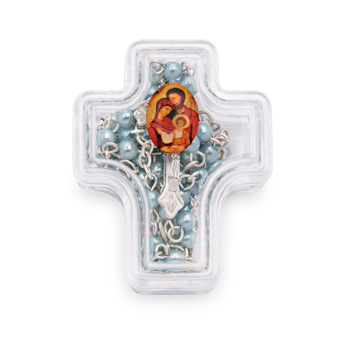 Cross-shaped Holy Family Rosary Case with Light Blue Synthetic Pearl Rosary