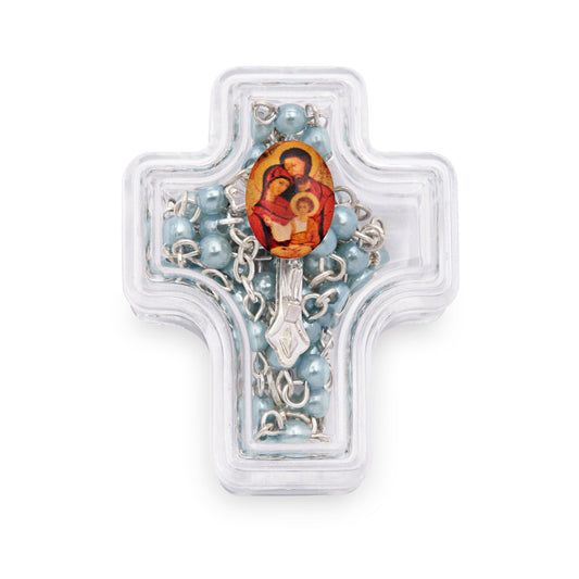 Cross-shaped Holy Family Rosary Case with Light Blue Synthetic Pearl Rosary