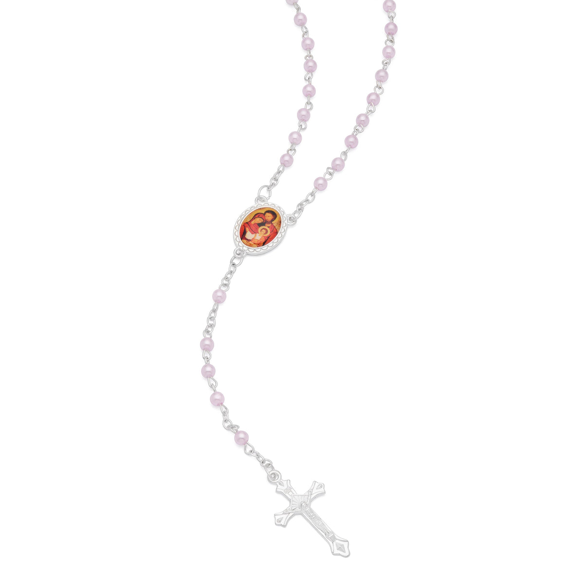 Cross-shaped Holy Family Rosary Case with Light Pink Synthetic Pearl Rosary