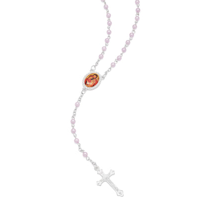 Cross-shaped Holy Family Rosary Case with Light Pink Synthetic Pearl Rosary