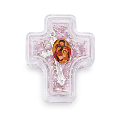 Cross-shaped Holy Family Rosary Case with Light Pink Synthetic Pearl Rosary