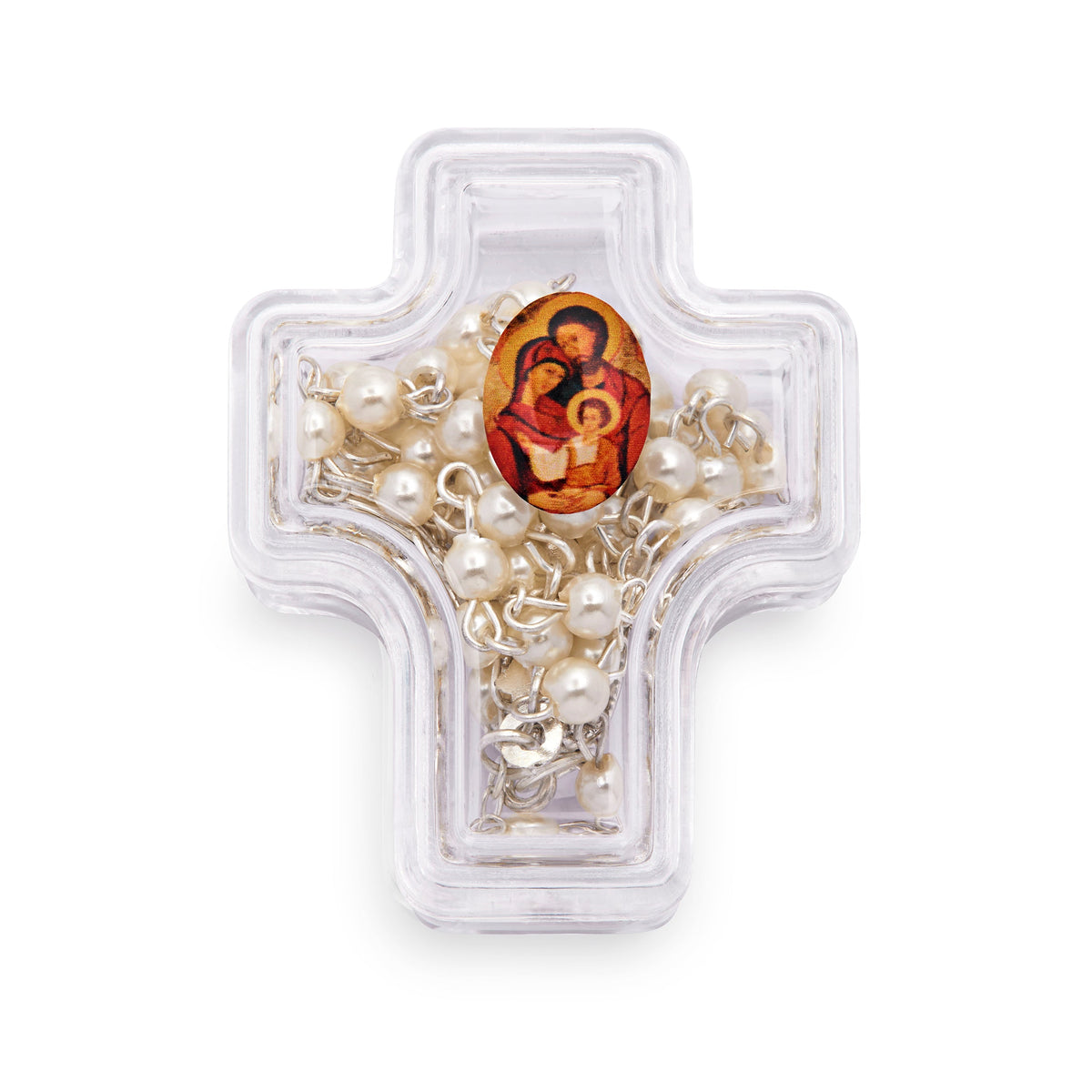 Cross-shaped Holy Family Rosary Case with White Synthetic Pearl Rosary