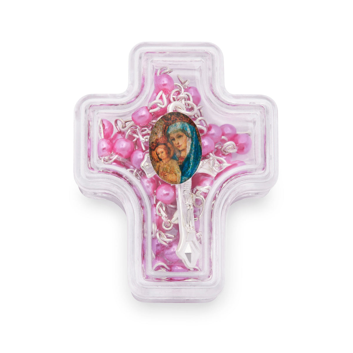 Cross-shaped Mater Ecclesiae Rosary Case with Fuchsia Synthetic Pearl Rosary
