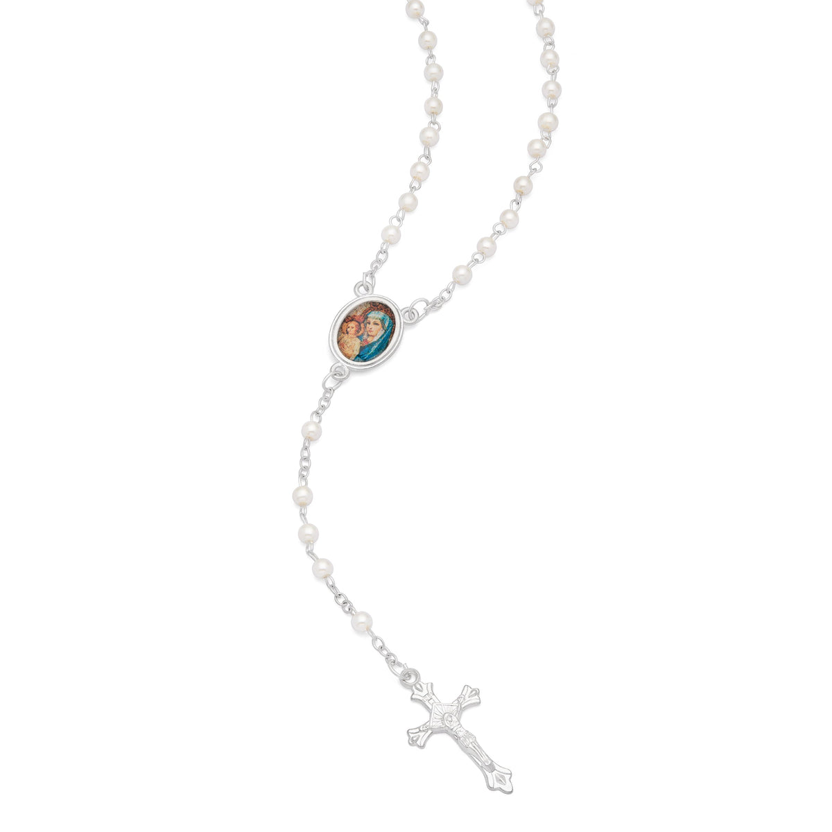 Cross-shaped Mater Ecclesiae Rosary Case with White Synthetic Pearl Rosary