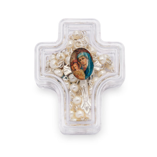 Cross-shaped Mater Ecclesiae Rosary Case with White Synthetic Pearl Rosary
