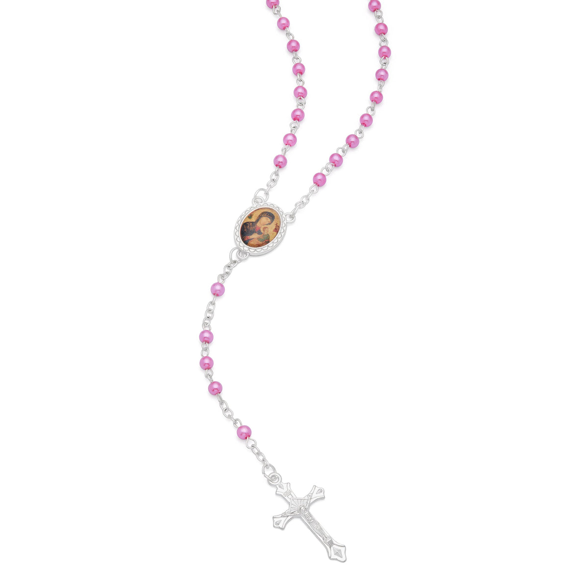 Cross-shaped Our Lady of Perpetual Help Rosary Case with Fuchsia Synthetic Pearl Rosary