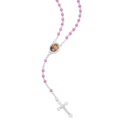 Cross-shaped Our Lady of Perpetual Help Rosary Case with Fuchsia Synthetic Pearl Rosary