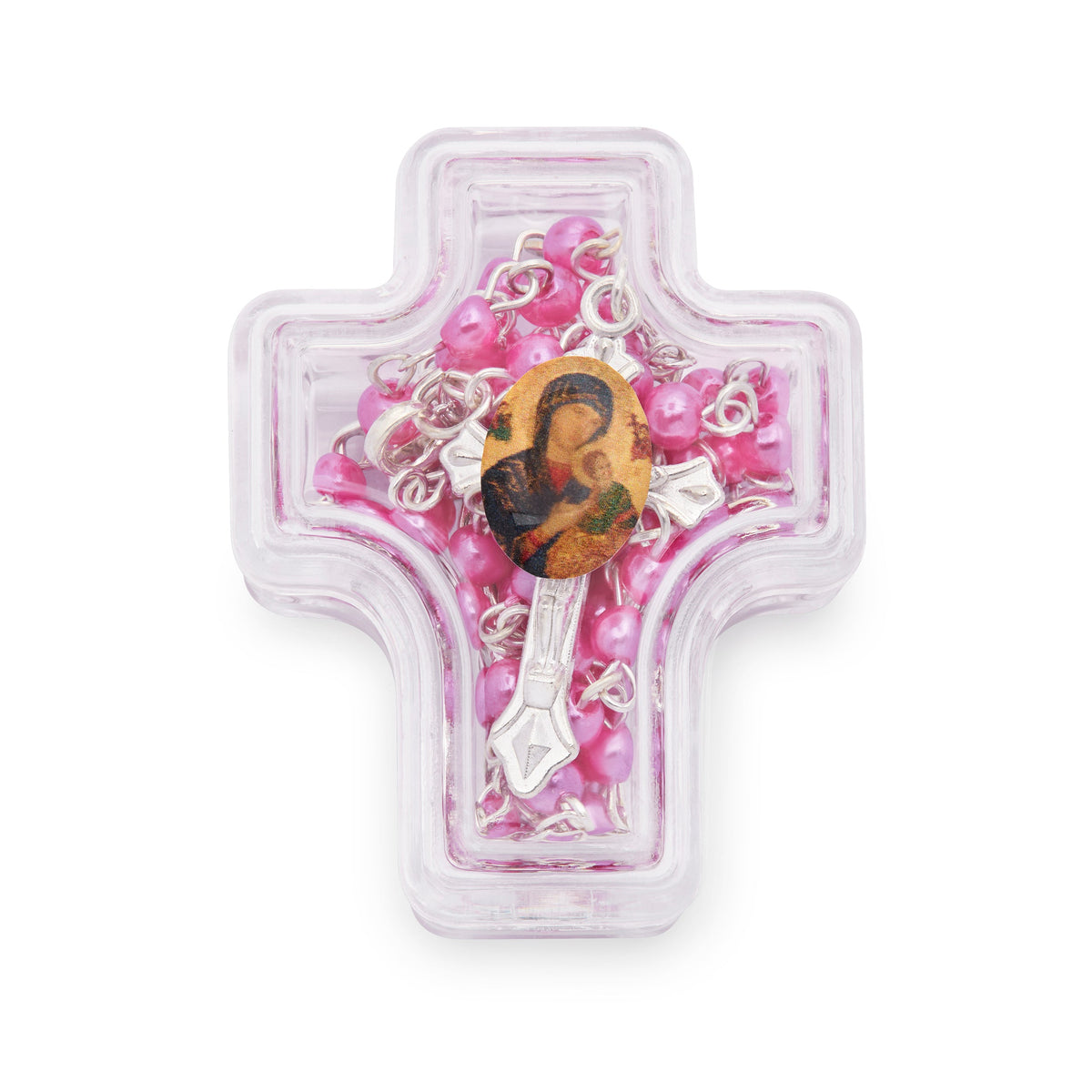 Cross-shaped Our Lady of Perpetual Help Rosary Case with Fuchsia Synthetic Pearl Rosary