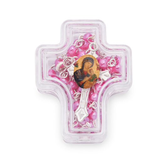 Cross-shaped Our Lady of Perpetual Help Rosary Case with Fuchsia Synthetic Pearl Rosary