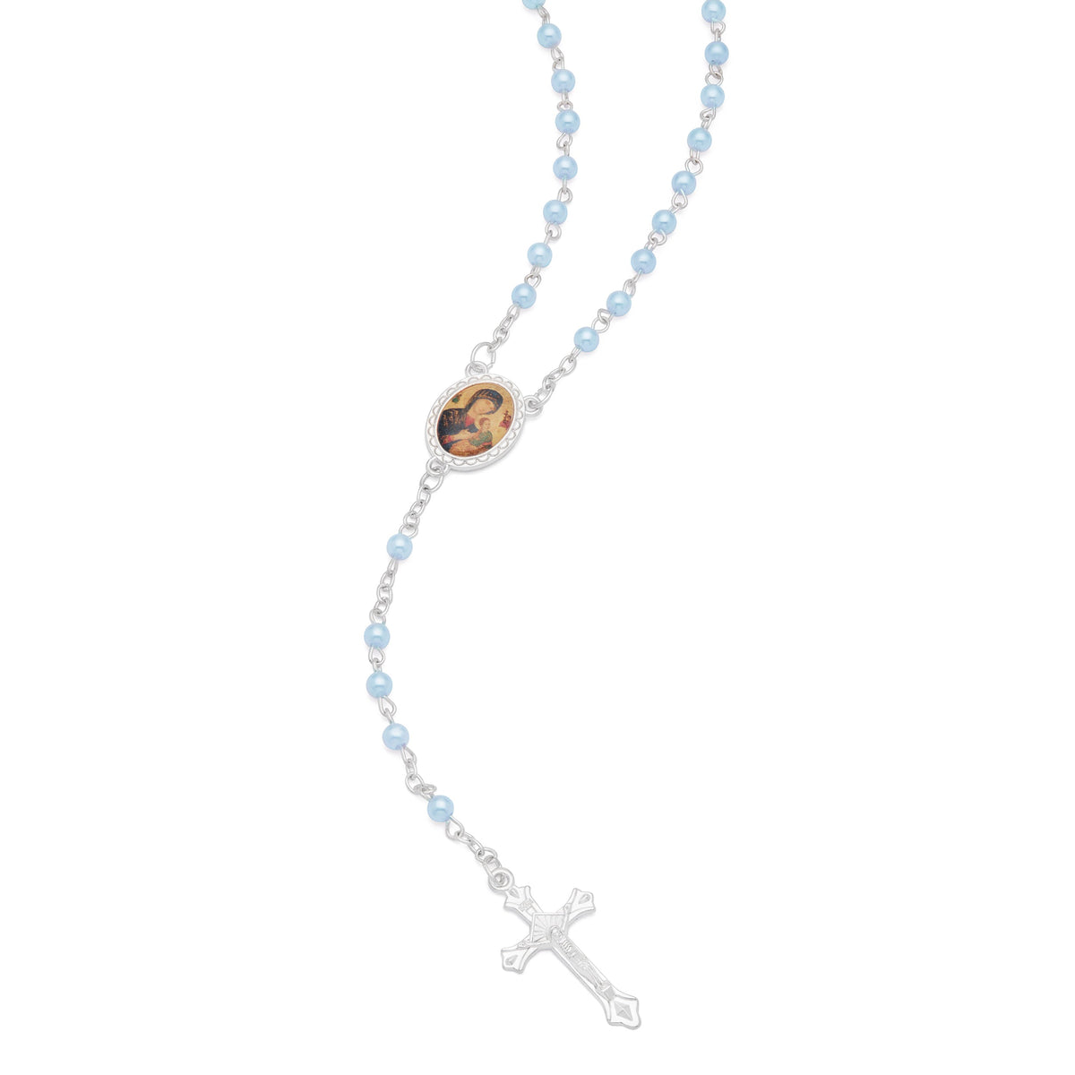 Cross-shaped Our Lady of Perpetual Help Rosary Case with Light Blue Synthetic Pearl Rosary