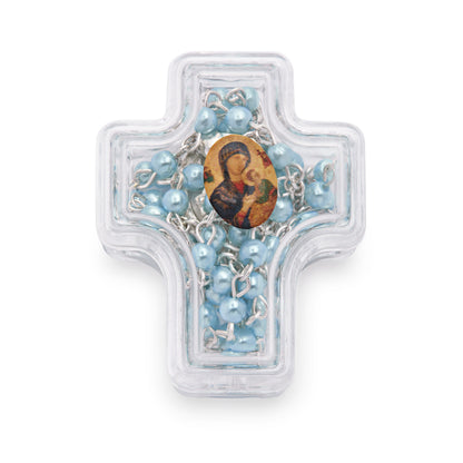 Cross-shaped Our Lady of Perpetual Help Rosary Case with Light Blue Synthetic Pearl Rosary