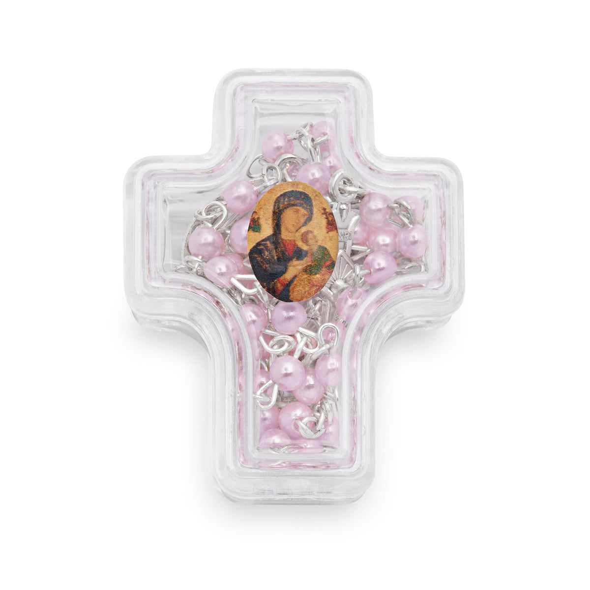 Cross-shaped Our Lady of Perpetual Help Rosary Case with Light Pink Synthetic Pearl Rosary