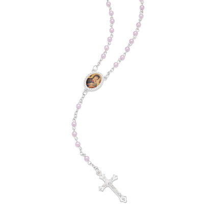 Cross-shaped Our Lady of Perpetual Help Rosary Case with Light Pink Synthetic Pearl Rosary