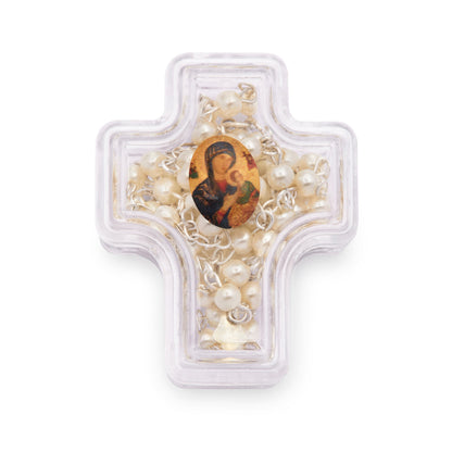 Cross-shaped Our Lady of Perpetual Help Rosary Case with White Synthetic Pearl Rosary
