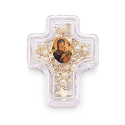 Cross-shaped Our Lady of Perpetual Help Rosary Case with White Synthetic Pearl Rosary