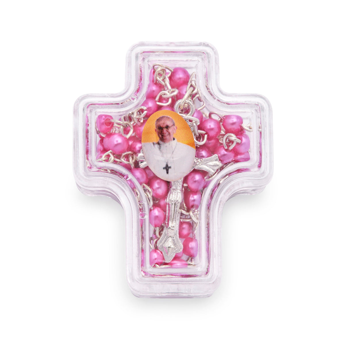 Cross-shaped Pope Francis Rosary Case with Fuchsia Synthetic Pearl Rosary