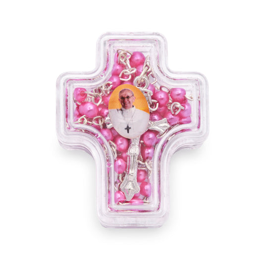 Cross-shaped Pope Francis Rosary Case with Fuchsia Synthetic Pearl Rosary