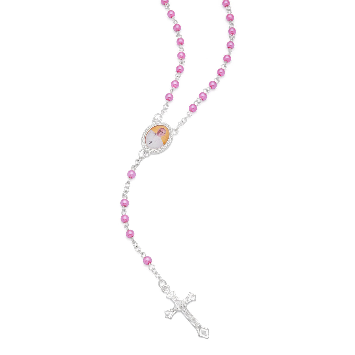 Cross-shaped Pope Francis Rosary Case with Fuchsia Synthetic Pearl Rosary
