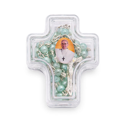 Cross-shaped Pope Francis Rosary Case with Light Green Synthetic Pearl Rosary