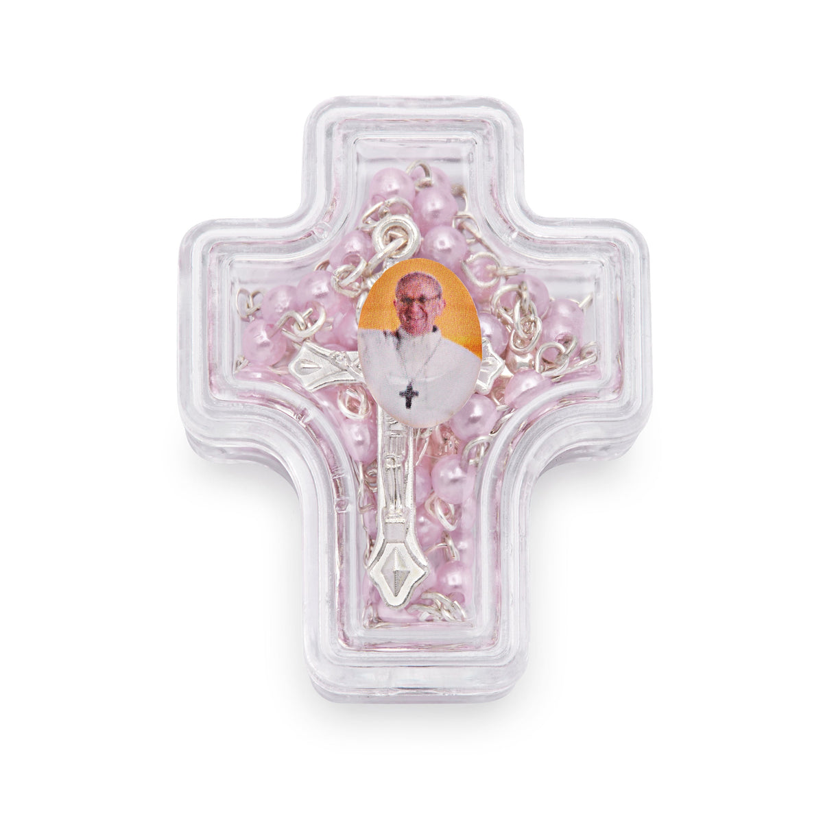Cross-shaped Pope Francis Rosary Case with Light Pink Synthetic Pearl Rosary