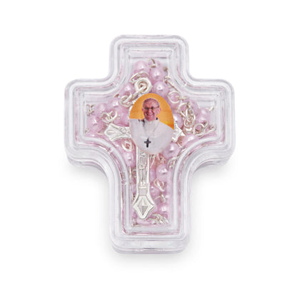 Cross-shaped Pope Francis Rosary Case with Light Pink Synthetic Pearl Rosary