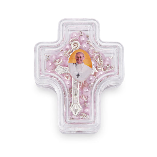 Cross-shaped Pope Francis Rosary Case with Light Pink Synthetic Pearl Rosary