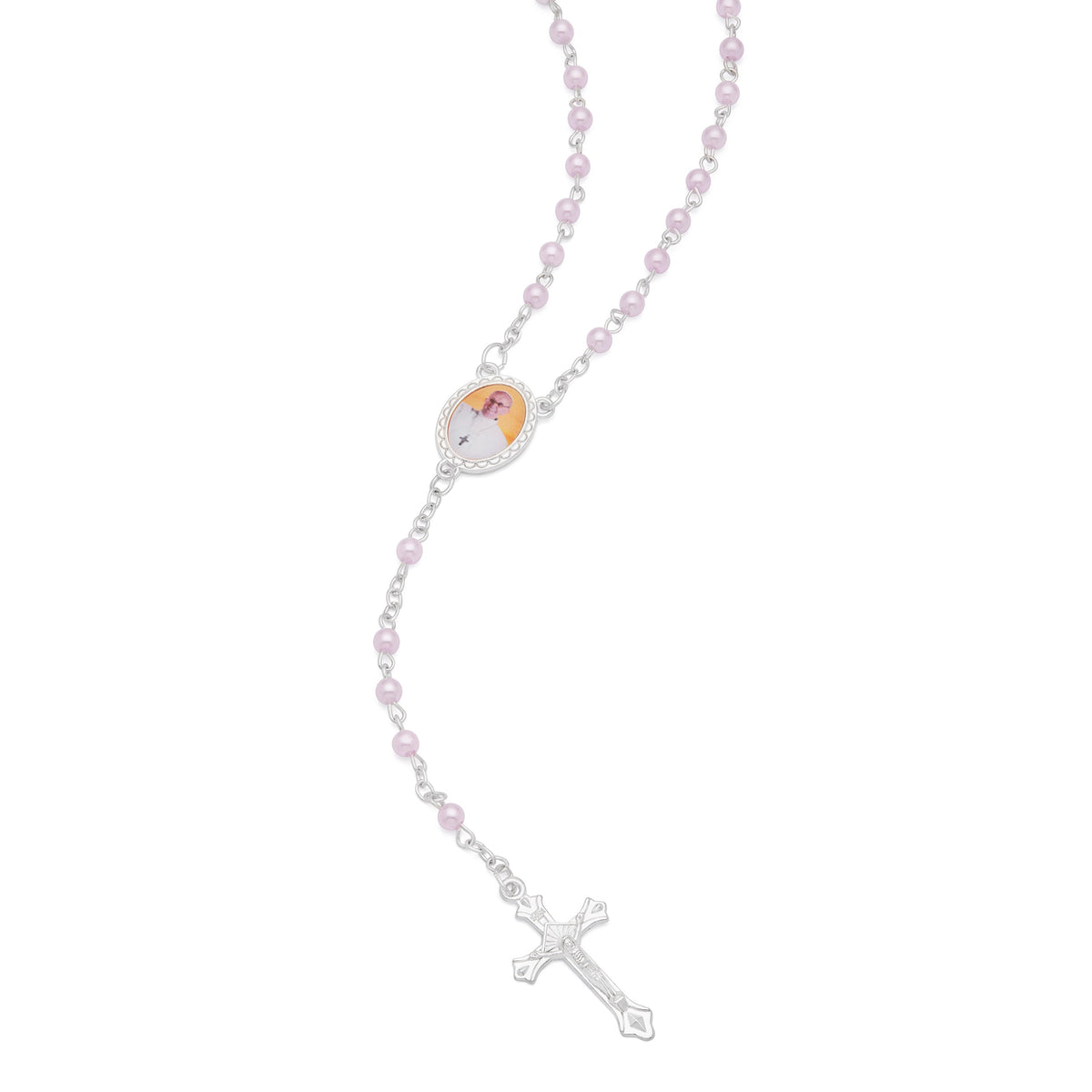 Cross-shaped Pope Francis Rosary Case with Light Pink Synthetic Pearl Rosary