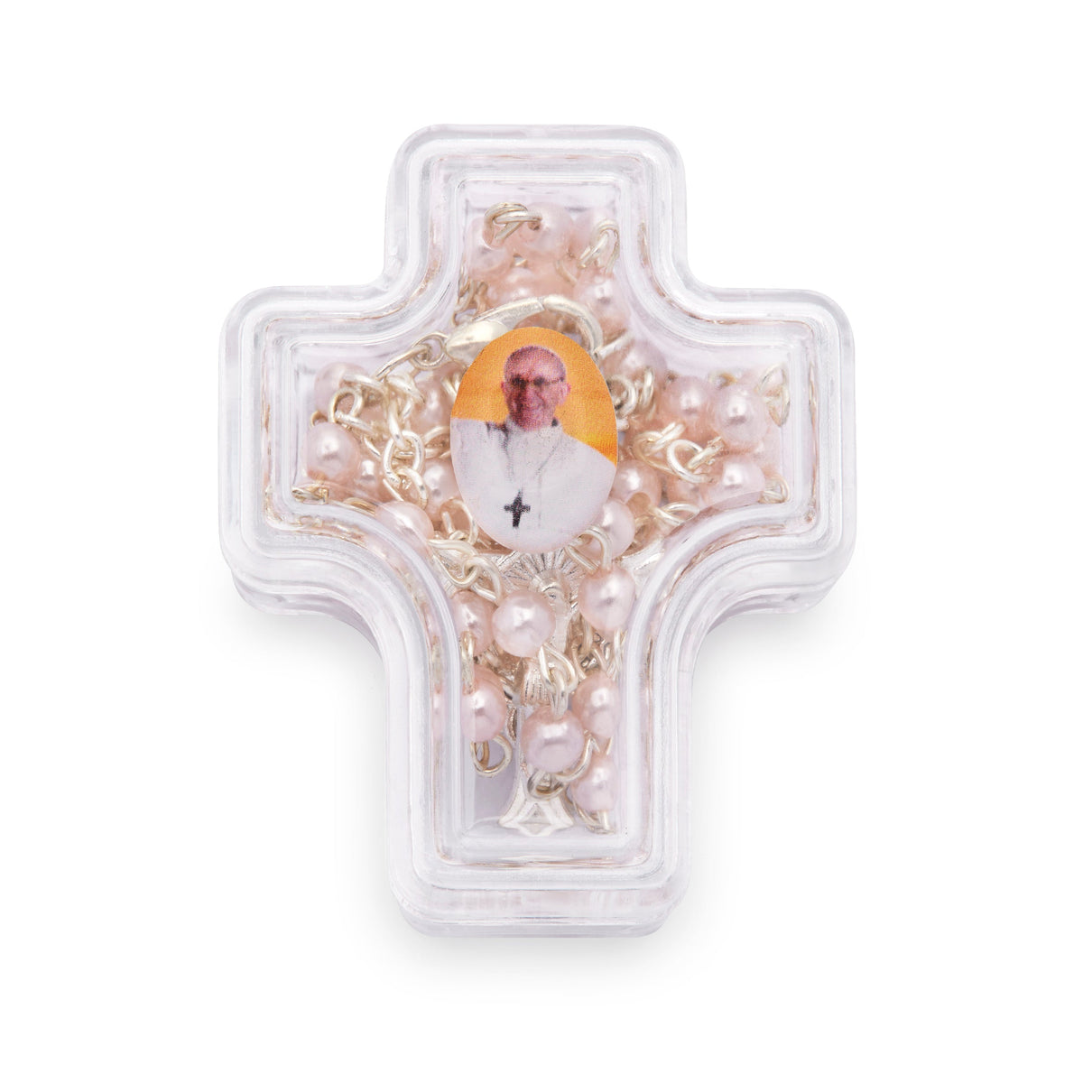 Cross-shaped Pope Francis Rosary Case with White Synthetic Pearl Rosary